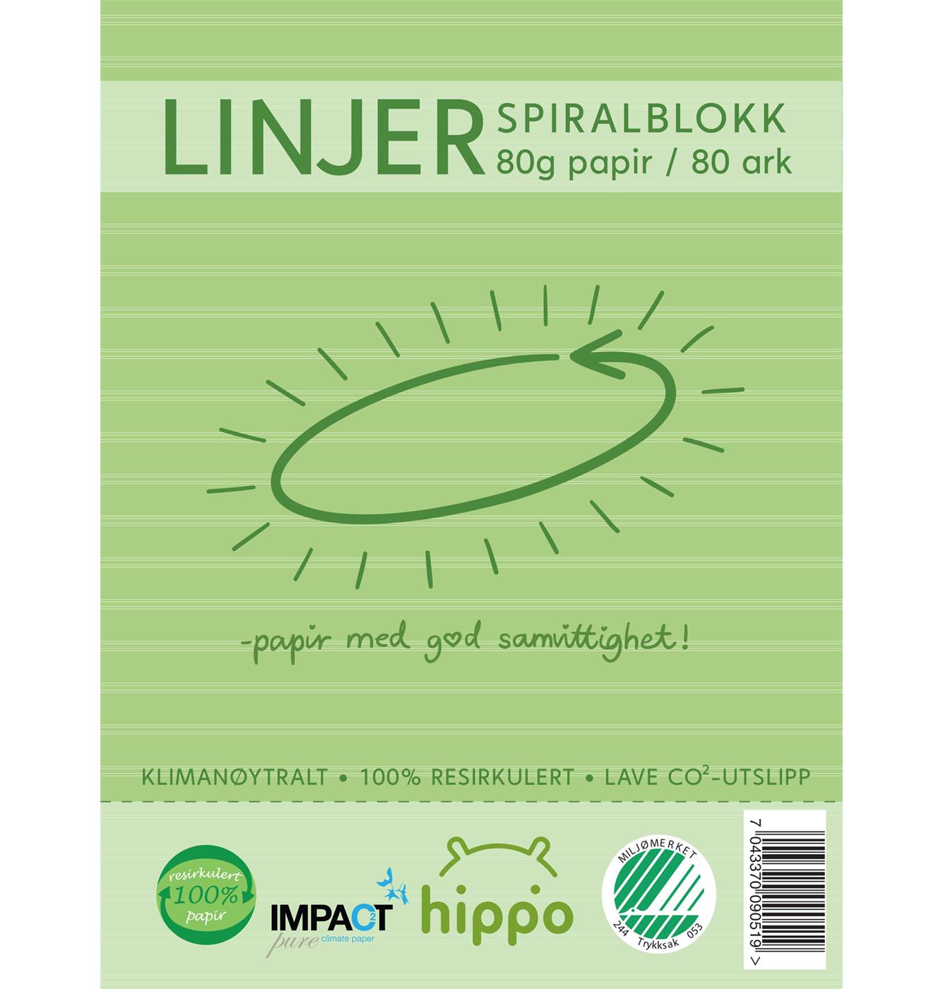 9051 Hippo  Spiralblokk, A4, Natur, Linjer 80ark 80g Milj&#248;merket, Hippo, Resirkulert papir